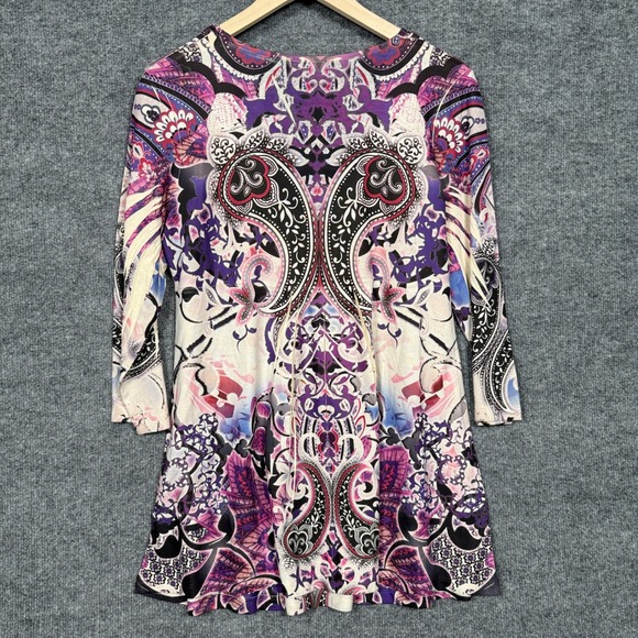 One World Size XL Top Blouse White Purple Paisley Boho Beaded 3/4 Sleeve Stretch - Picture 2 of 8
